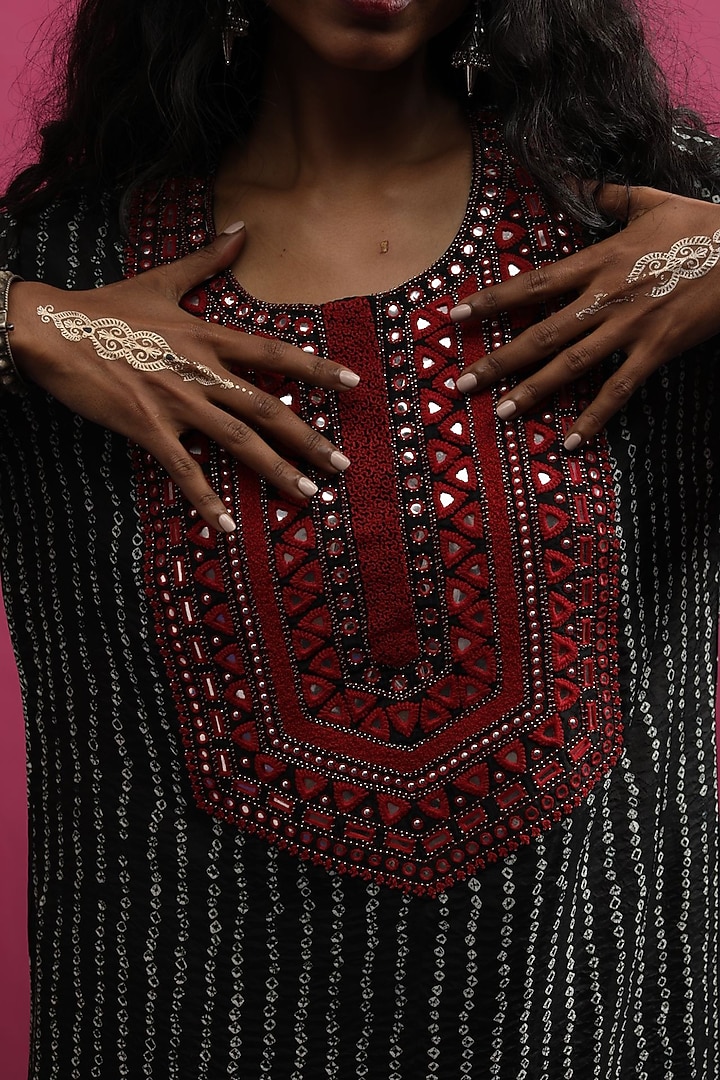 Black Silk Mirror Embroidered Bandhani Kaftan Dress by Pink City By Sarika at Pernia's Pop Up Shop