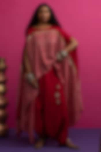 Red Silk Resham Embroidered Bandhani Cape Set by Pink City By Sarika at Pernia's Pop Up Shop