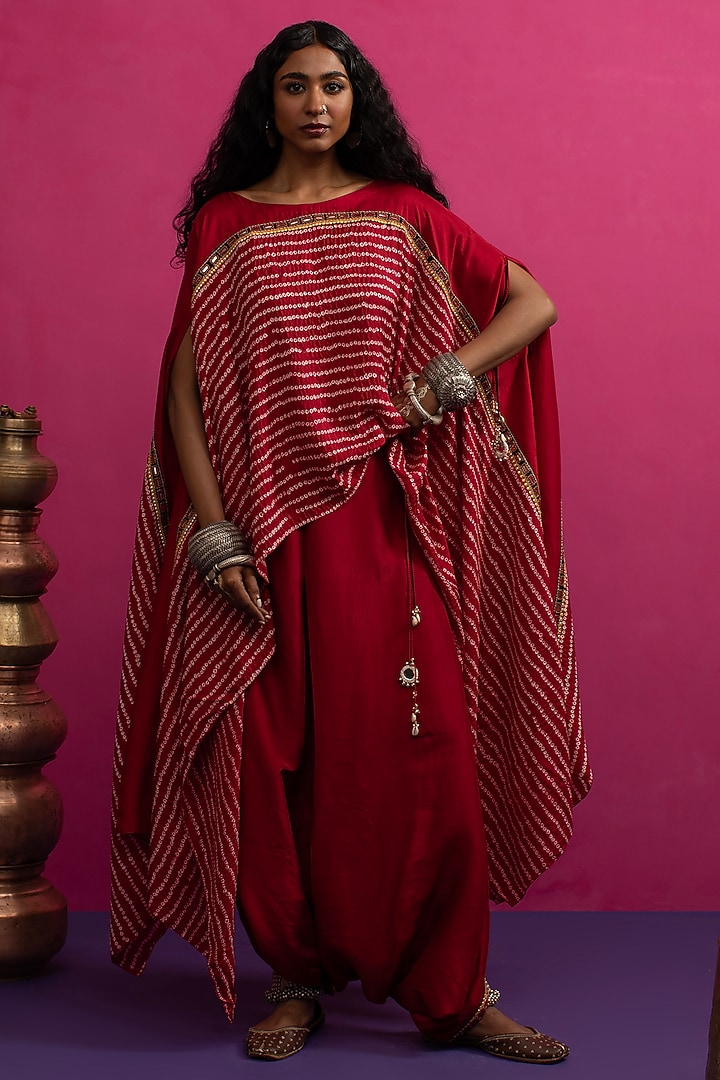 Red Silk Resham Embroidered Bandhani Cape Set by Pink City By Sarika at Pernia's Pop Up Shop