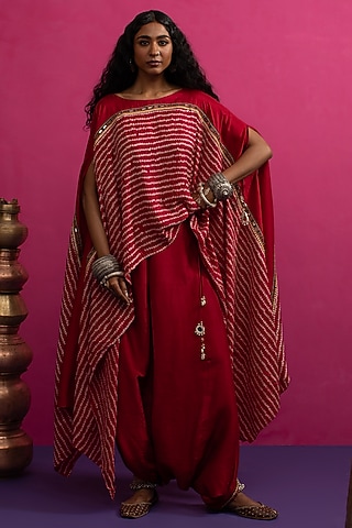 Red Silk Resham Embroidered Bandhani Cape Set by Pink City By Sarika