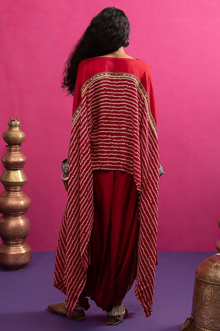 Red Silk Resham Embroidered Bandhani Cape Set by Pink City By Sarika at Pernia's Pop Up Shop