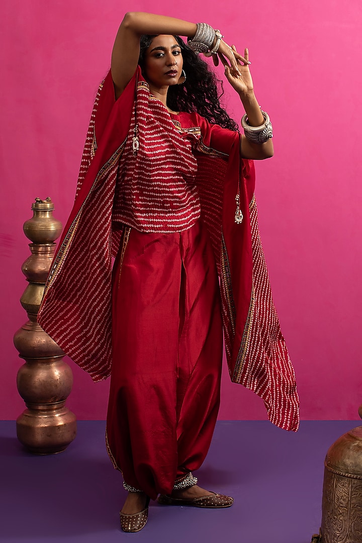 Red Silk Resham Embroidered Bandhani Cape Set by Pink City By Sarika at Pernia's Pop Up Shop