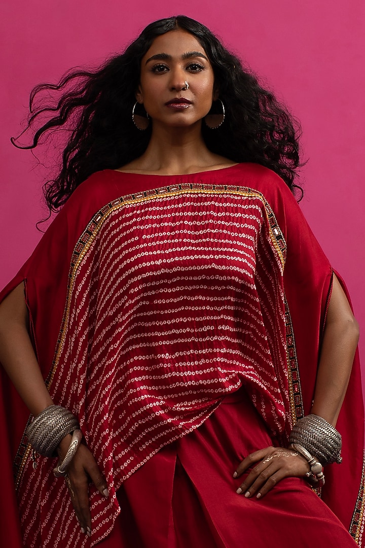 Red Silk Resham Embroidered Bandhani Cape Set by Pink City By Sarika at Pernia's Pop Up Shop