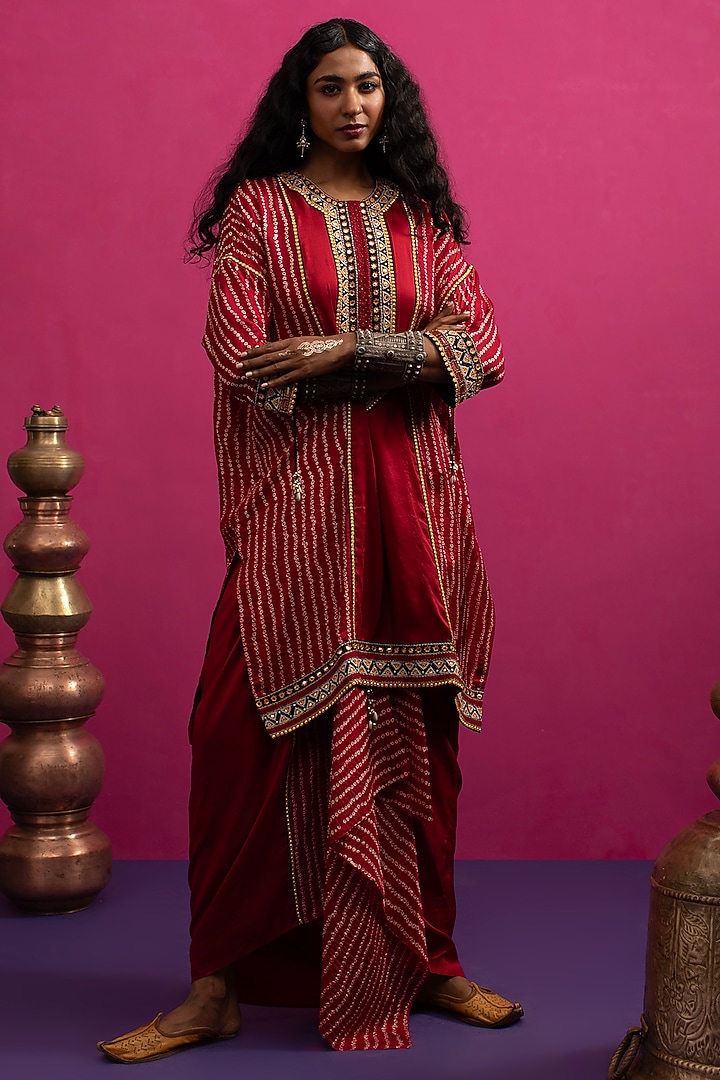 Red Silk Stripe Bandhani Kaftan Set by Pink City By Sarika at Pernia's Pop Up Shop