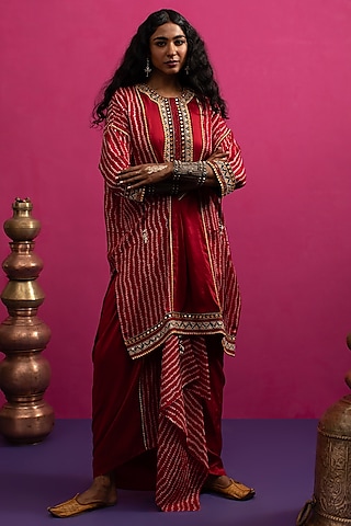 Red Silk Stripe Bandhani Kaftan Set by Pink City By Sarika