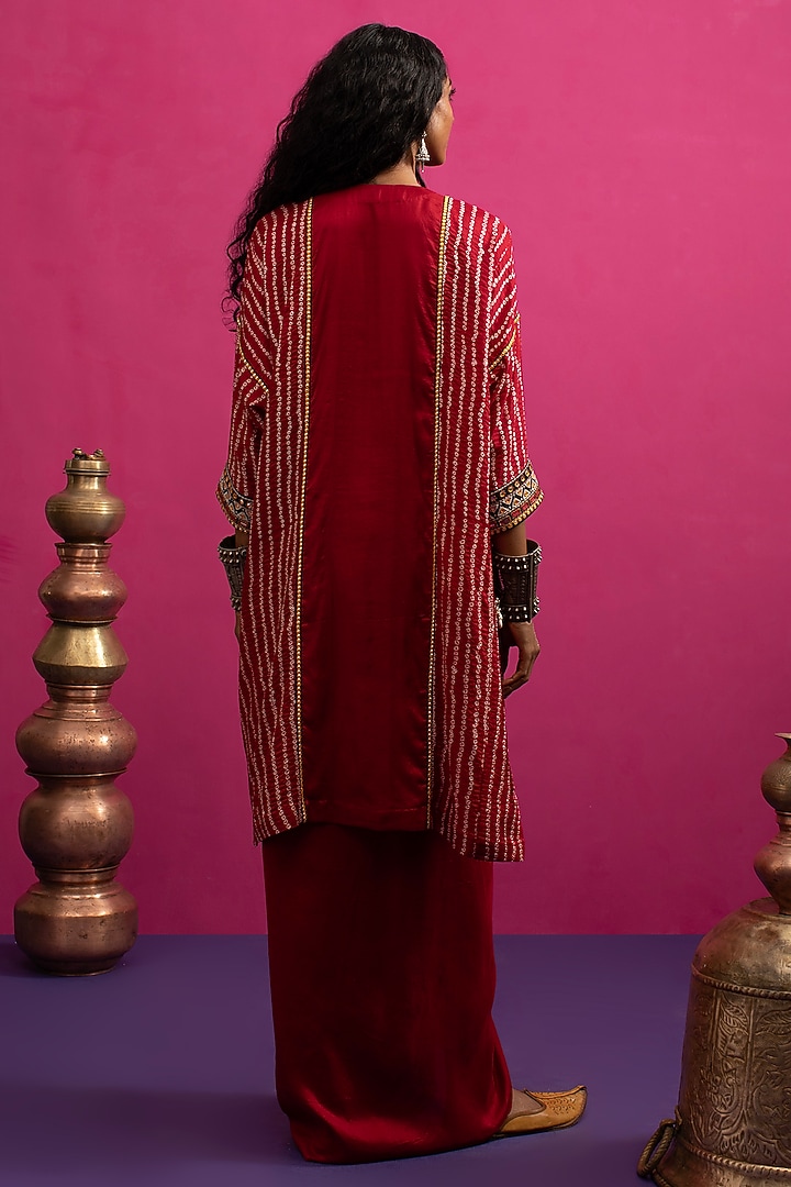 Red Silk Stripe Bandhani Kaftan Set by Pink City By Sarika at Pernia's Pop Up Shop