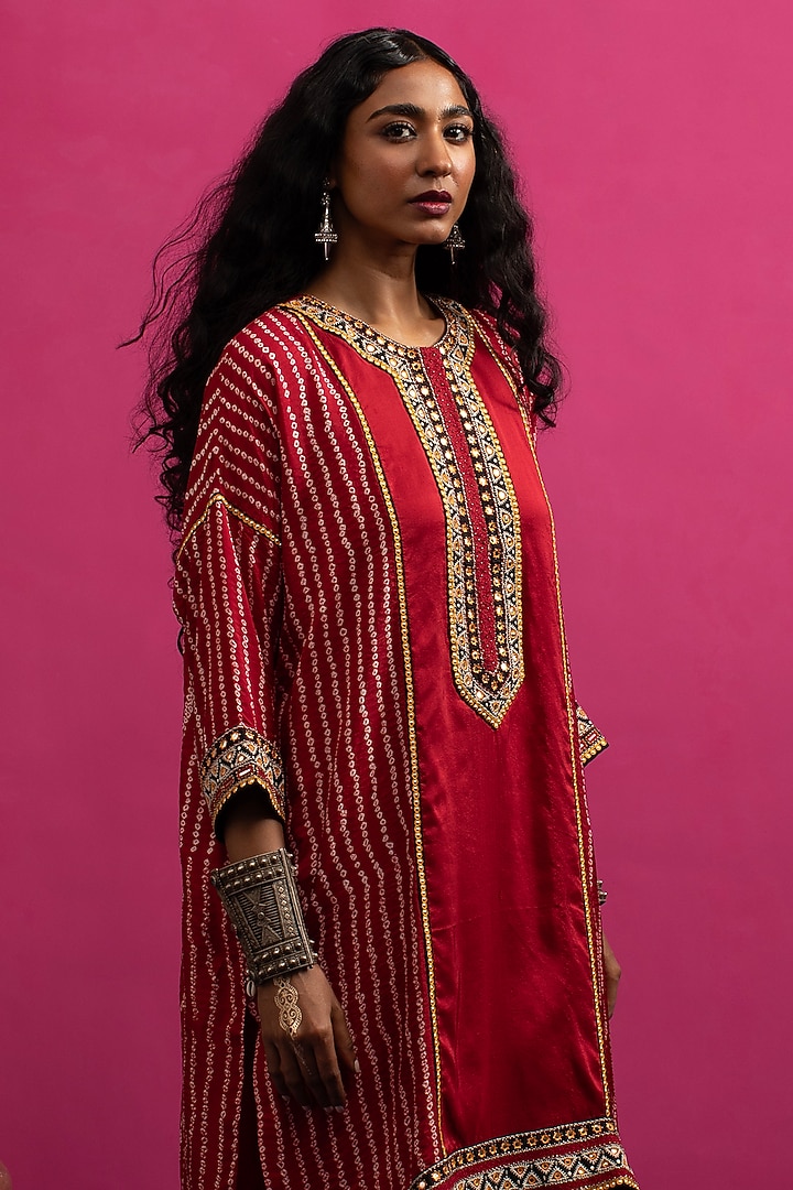 Red Silk Stripe Bandhani Kaftan Set by Pink City By Sarika at Pernia's Pop Up Shop
