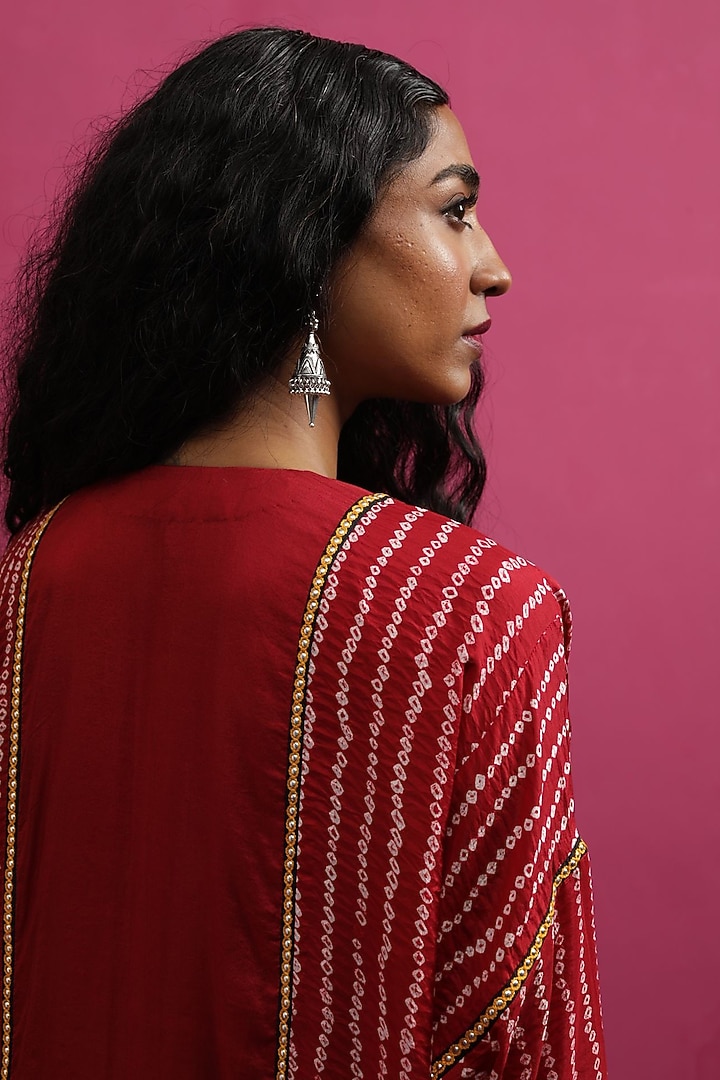 Red Silk Stripe Bandhani Kaftan Set by Pink City By Sarika at Pernia's Pop Up Shop