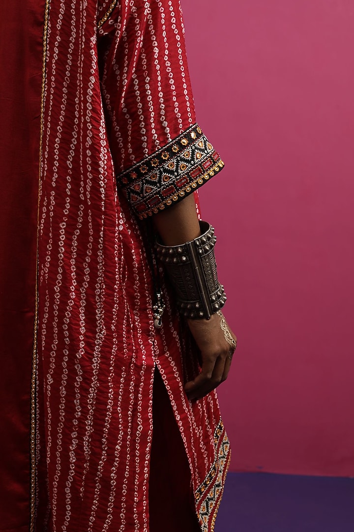 Red Silk Stripe Bandhani Kaftan Set by Pink City By Sarika at Pernia's Pop Up Shop