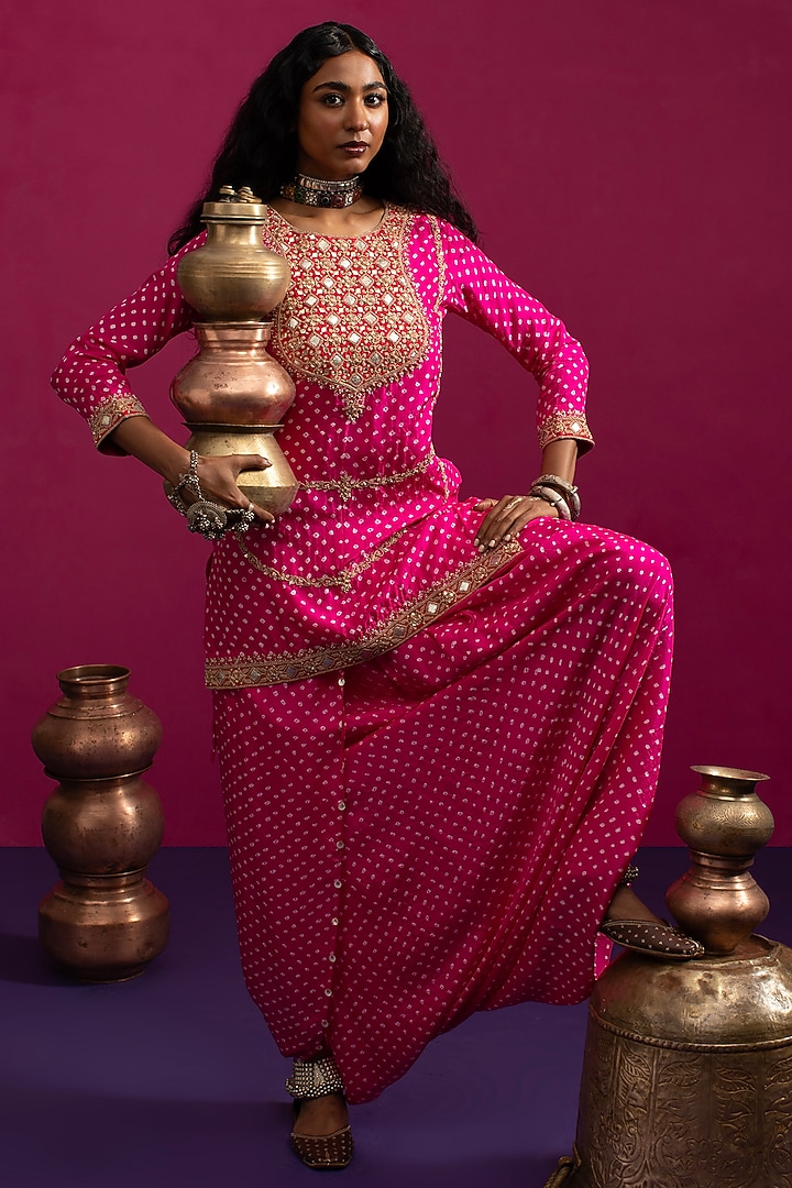 Pink Silk Dori Embroidered Bandhani Kurta Set by Pink City By Sarika at Pernia's Pop Up Shop
