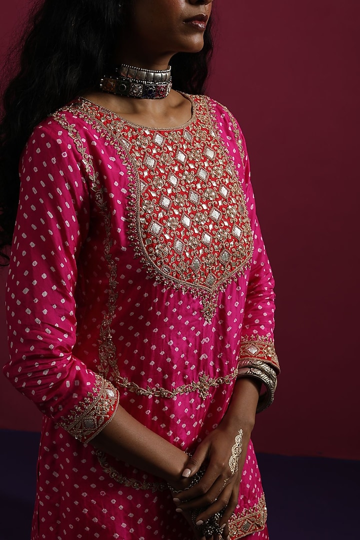 Pink Silk Dori Embroidered Bandhani Kurta Set by Pink City By Sarika at Pernia's Pop Up Shop