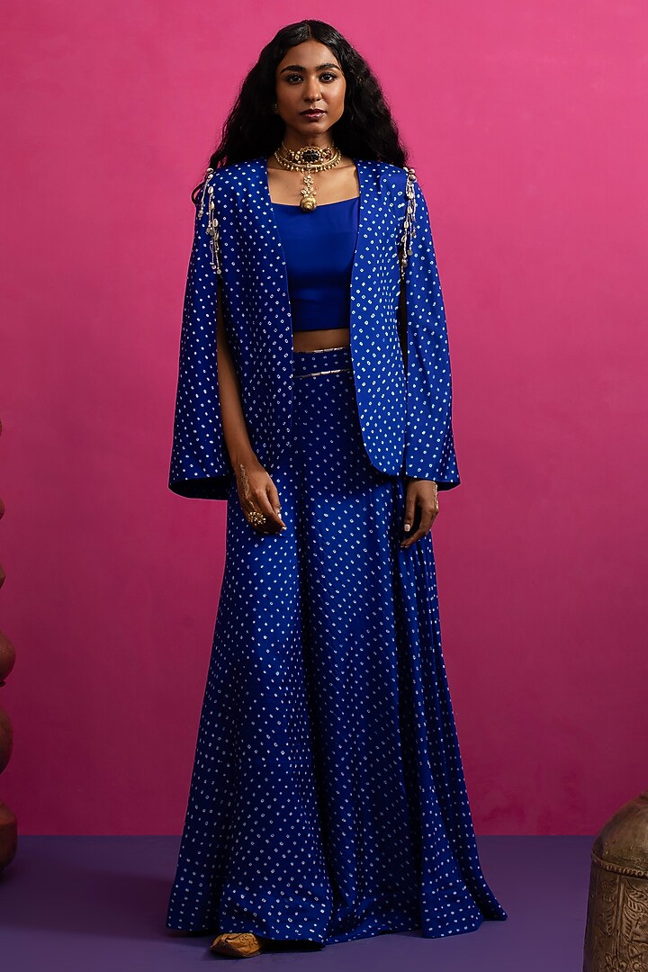 Electric Blue Silk Bandhani Cape Set by Pink City By Sarika at Pernia's Pop Up Shop