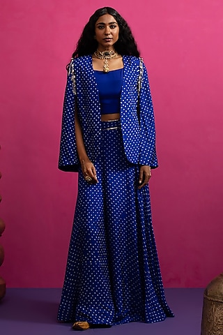 Electric Blue Silk Bandhani Cape Set by Pink City By Sarika