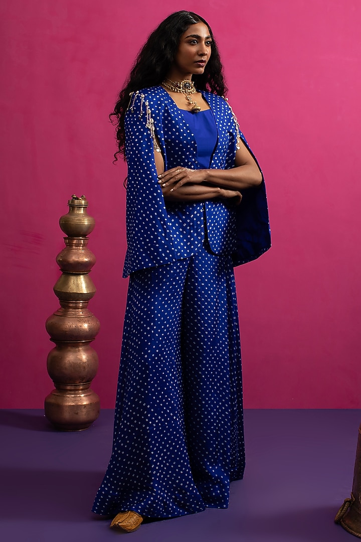 Electric Blue Silk Bandhani Cape Set by Pink City By Sarika at Pernia's Pop Up Shop
