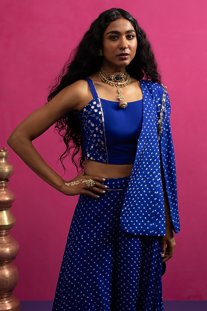 Electric Blue Silk Bandhani Cape Set by Pink City By Sarika at Pernia's Pop Up Shop