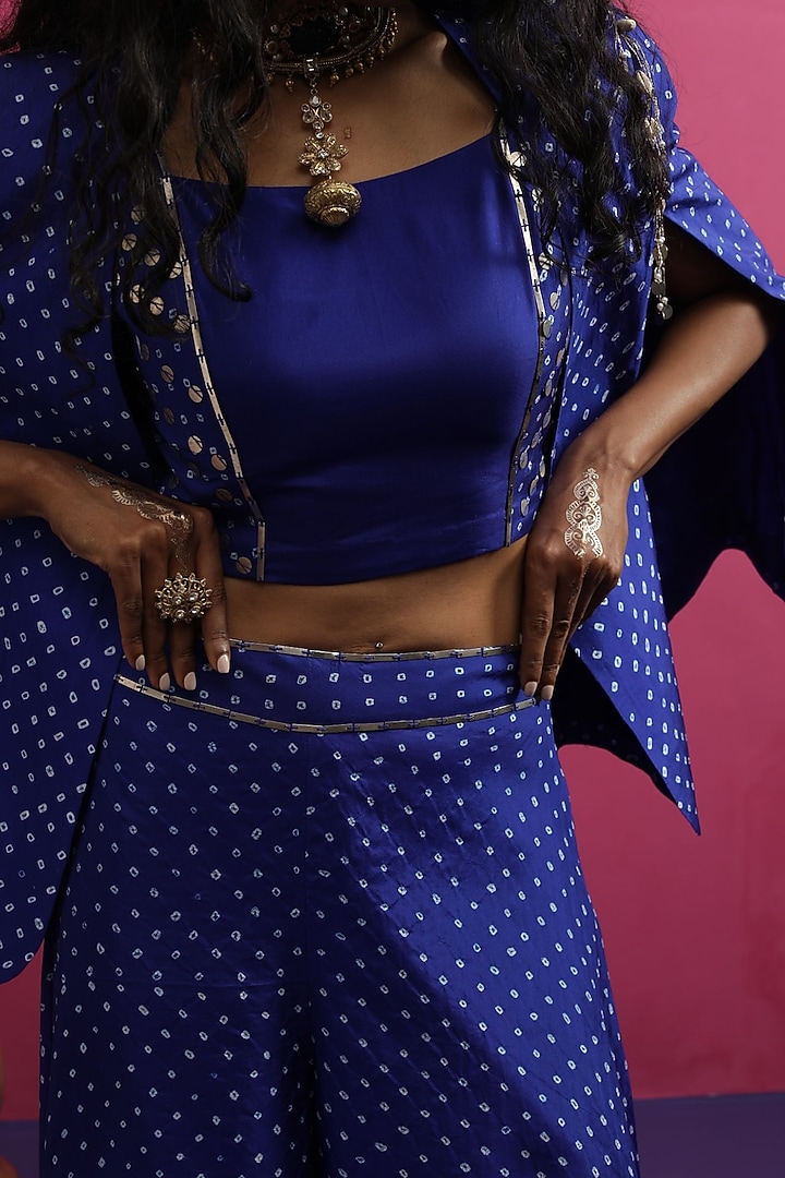 Electric Blue Silk Bandhani Cape Set by Pink City By Sarika at Pernia's Pop Up Shop