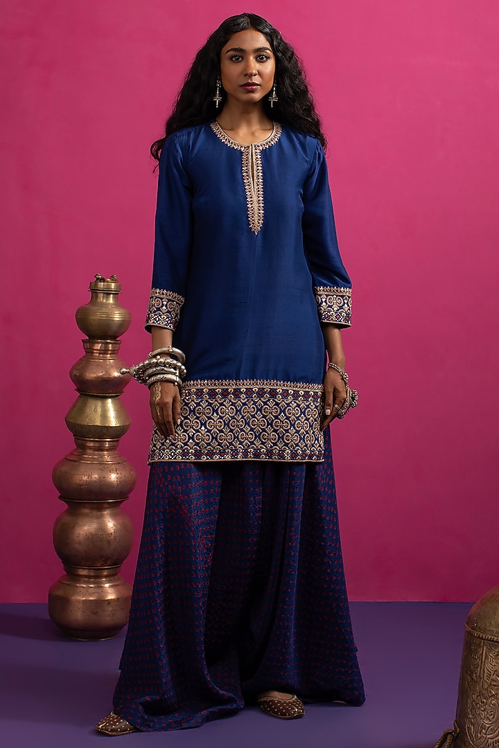 Blue Silk Dori & Mirror Embroidered Kurta Set by Pink City By Sarika at Pernia's Pop Up Shop