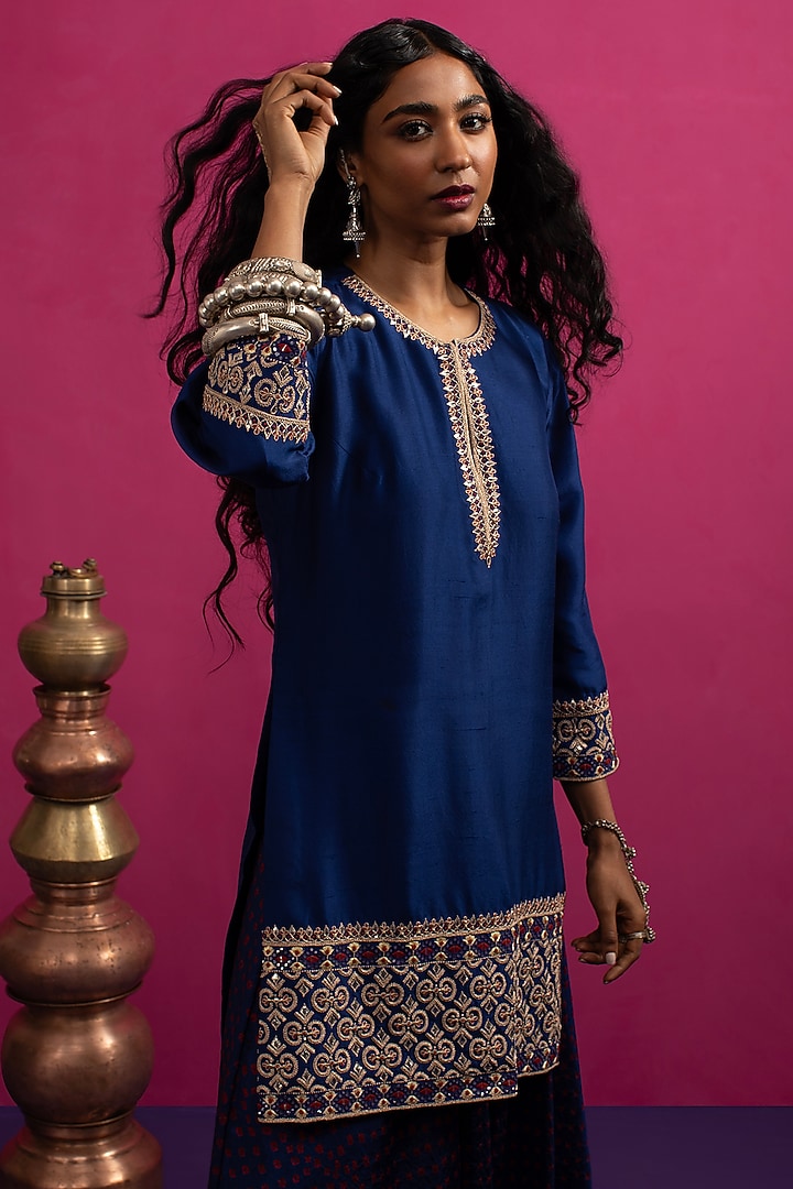 Blue Silk Dori & Mirror Embroidered Kurta Set by Pink City By Sarika at Pernia's Pop Up Shop