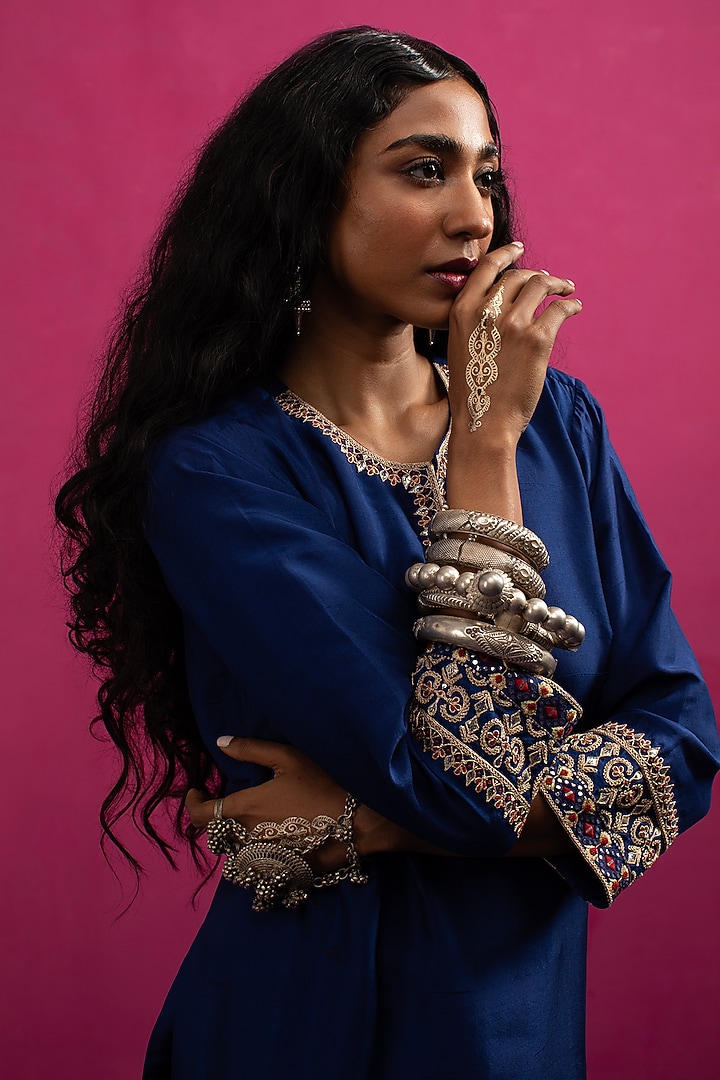Blue Silk Dori & Mirror Embroidered Kurta Set by Pink City By Sarika at Pernia's Pop Up Shop