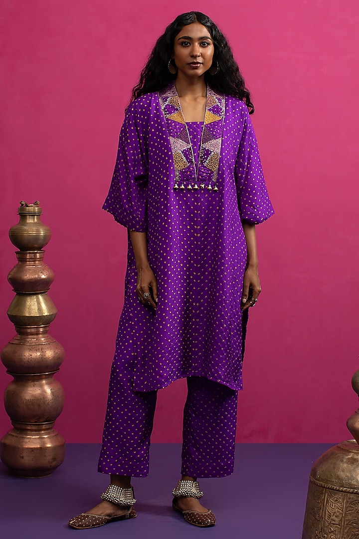 Purple Silk Hand Embroidered Bandhani Kaftan Set by Pink City By Sarika at Pernia's Pop Up Shop