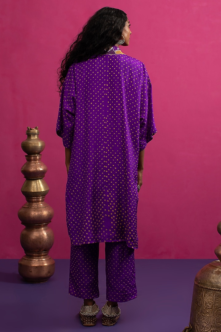 Purple Silk Hand Embroidered Bandhani Kaftan Set by Pink City By Sarika at Pernia's Pop Up Shop