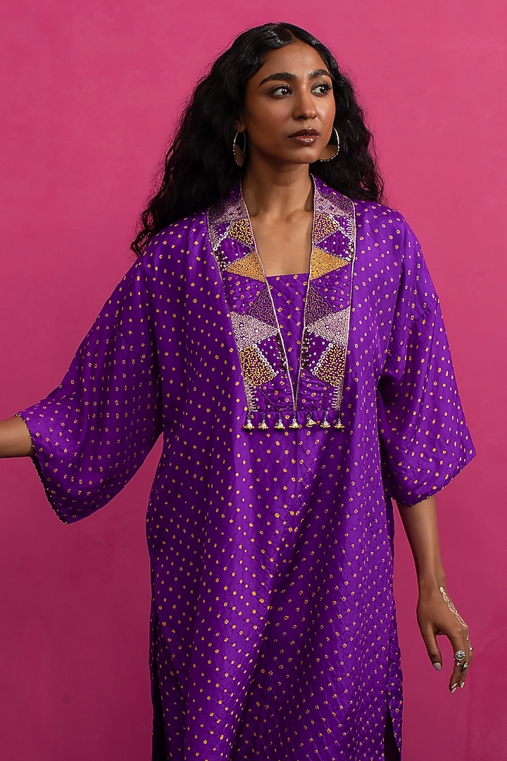 Purple Silk Hand Embroidered Bandhani Kaftan Set by Pink City By Sarika at Pernia's Pop Up Shop