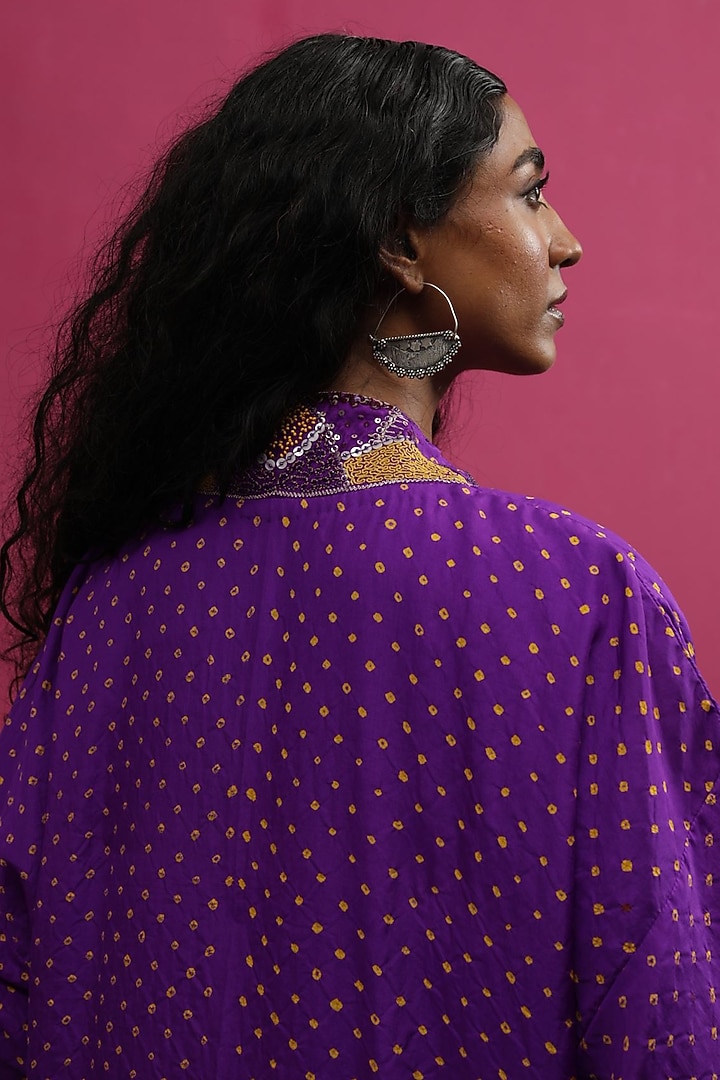 Purple Silk Hand Embroidered Bandhani Kaftan Set by Pink City By Sarika at Pernia's Pop Up Shop