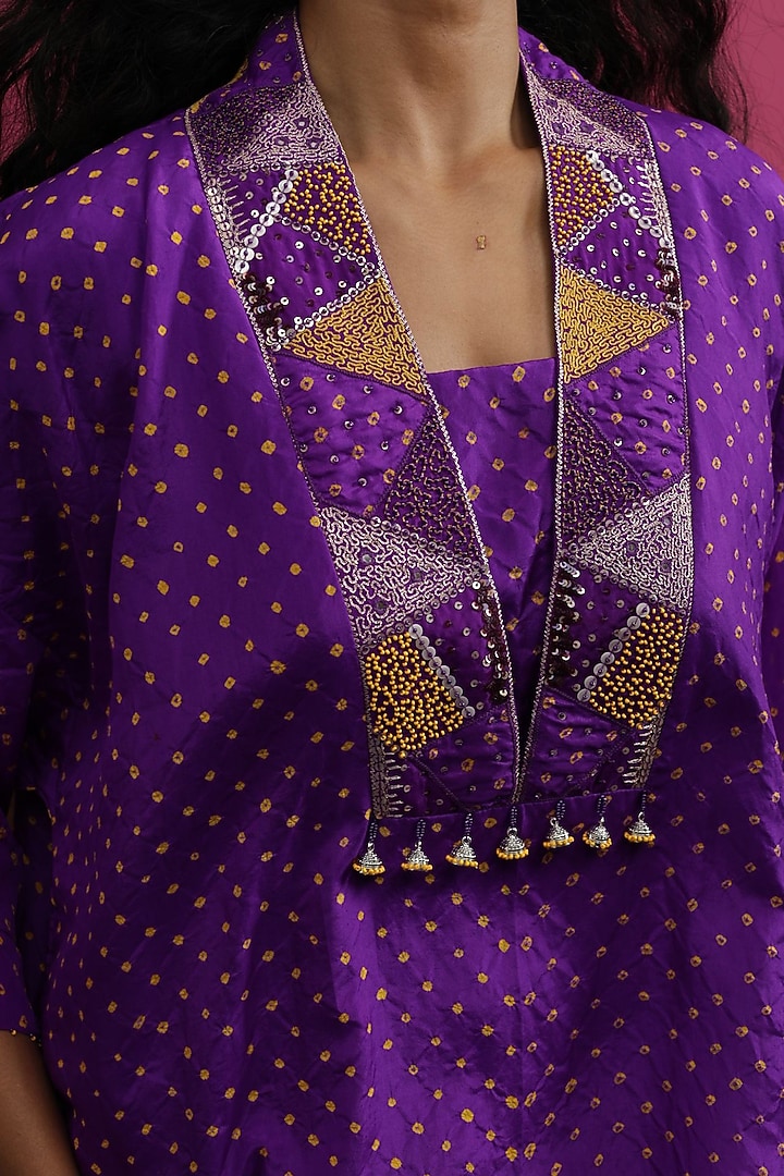 Purple Silk Hand Embroidered Bandhani Kaftan Set by Pink City By Sarika at Pernia's Pop Up Shop