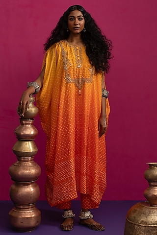 Yellow-Orange Silk Hand Embroidered Bandhani Kaftan Set by Pink City By Sarika