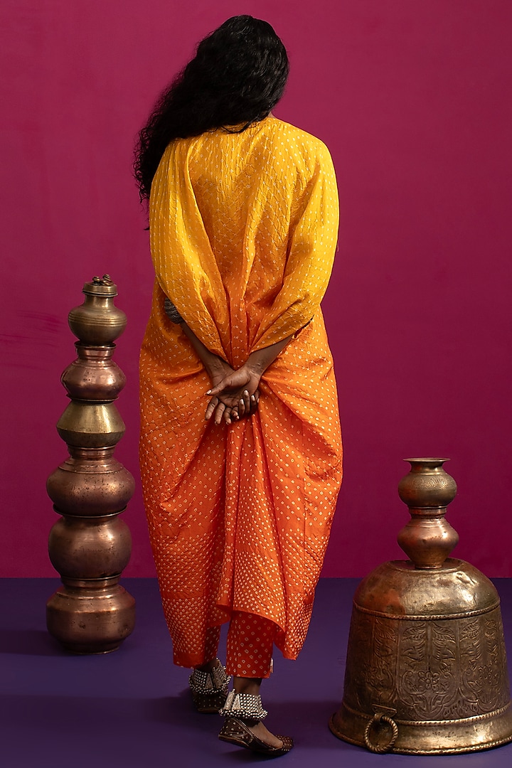 Yellow-Orange Silk Hand Embroidered Bandhani Kaftan Set by Pink City By Sarika at Pernia's Pop Up Shop