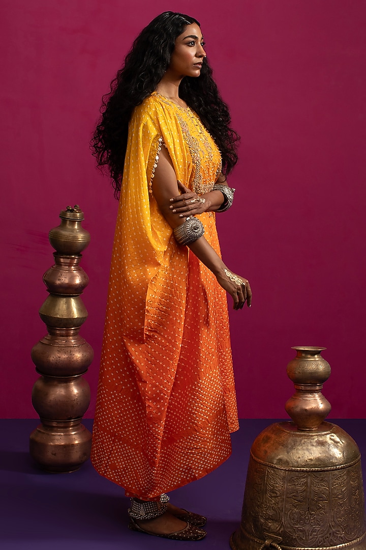Yellow-Orange Silk Hand Embroidered Bandhani Kaftan Set by Pink City By Sarika at Pernia's Pop Up Shop