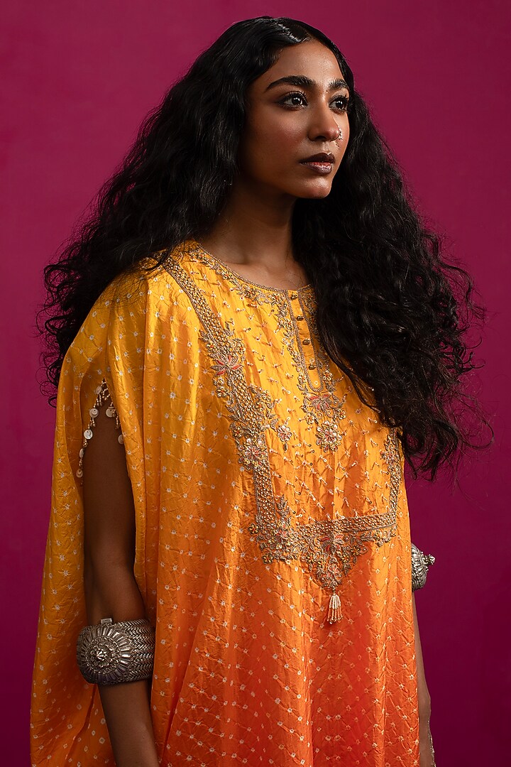 Yellow-Orange Silk Hand Embroidered Bandhani Kaftan Set by Pink City By Sarika at Pernia's Pop Up Shop
