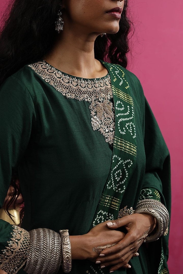 Green Moonga Silk Kurta Set by Pink City By Sarika at Pernia's Pop Up Shop