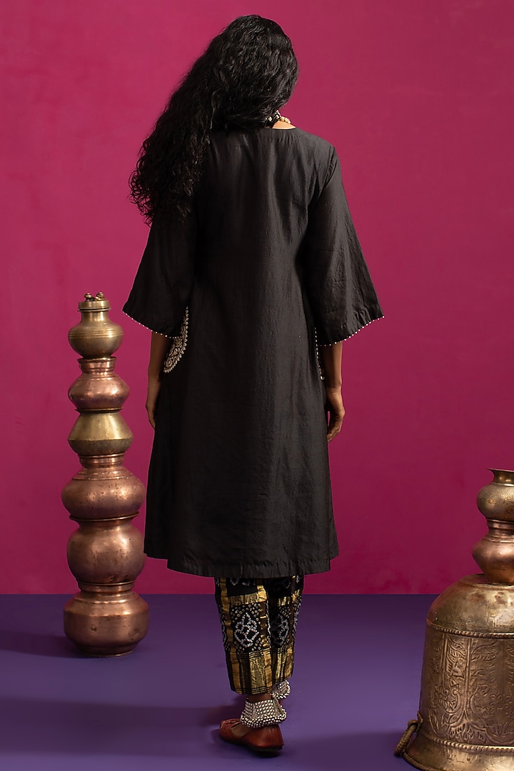 Black Silk Chanderi Embroidered Kurta Set by Pink City By Sarika at Pernia's Pop Up Shop