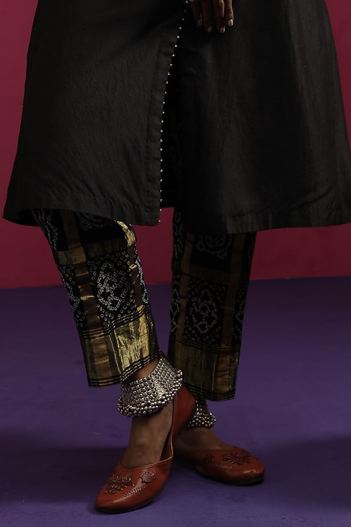 Black Silk Chanderi Embroidered Kurta Set by Pink City By Sarika at Pernia's Pop Up Shop