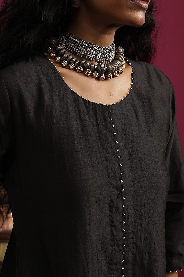 Black Silk Chanderi Embroidered Kurta Set by Pink City By Sarika at Pernia's Pop Up Shop