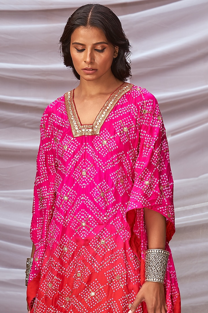 Pink & Red Silk Kaftan Set by Pink City By Sarika at Pernia's Pop Up Shop