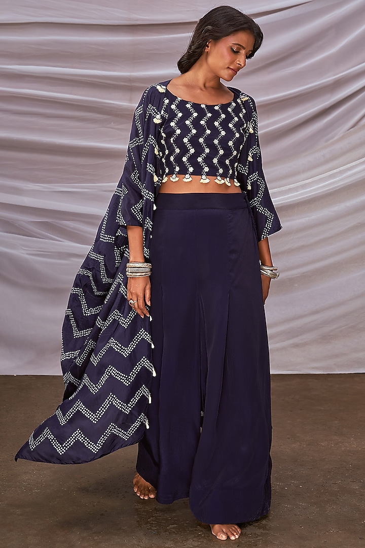 Navy Blue Silk Cape Set by Pink City By Sarika