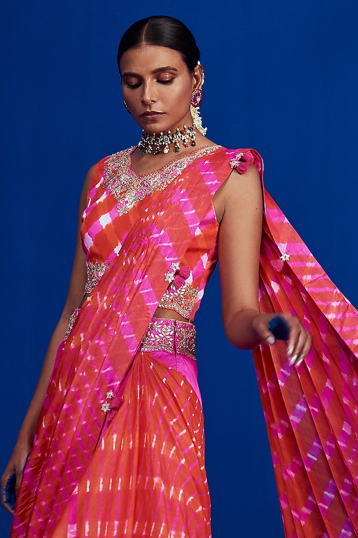 Pink & Orange Silk Wedding Lehenga Saree Set by Pink City By Sarika at Pernia's Pop Up Shop