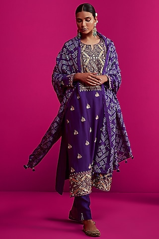Purple Zari Embroidered Kurta Set by Pink City By Sarika