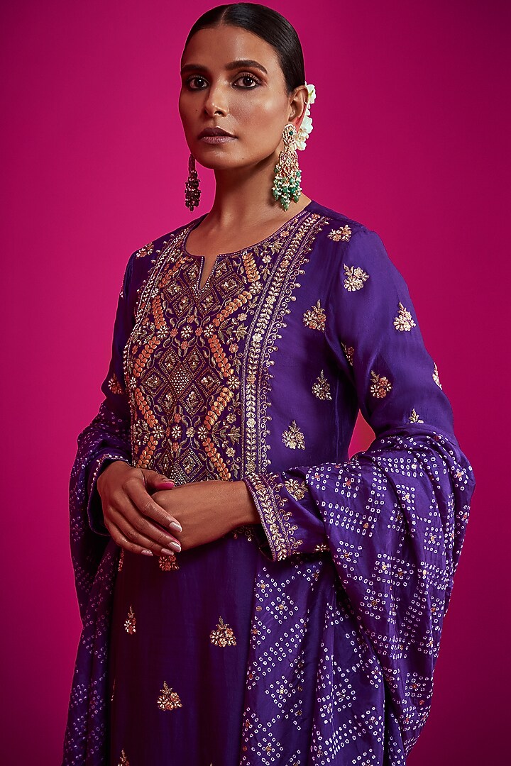 Purple Zari Embroidered Kurta Set by Pink City By Sarika at