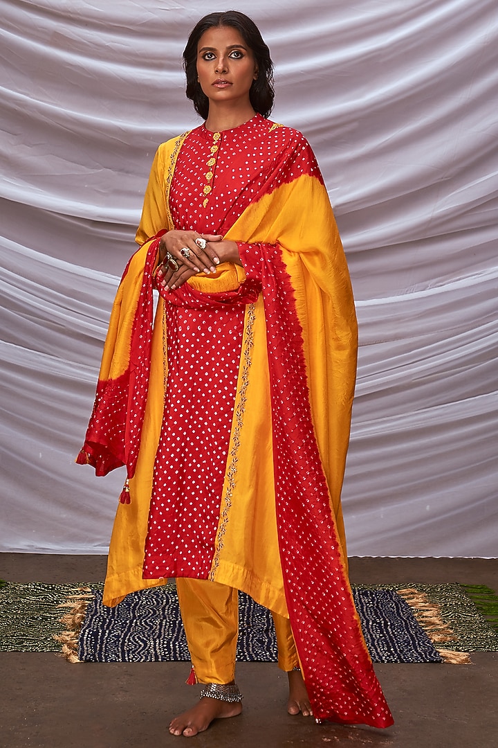 Red Yellow Silk Kurta Set by Pink City By Sarika at Pernia's Pop Up Shop