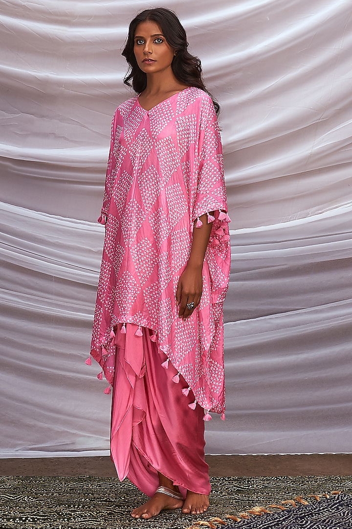 Pink Silk Embroidered Draped Skirt Set by Pink City By Sarika