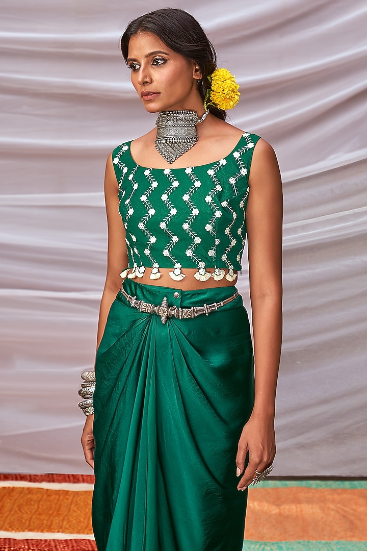 Dark Green Embroidered Skirt Set by Pink City By Sarika at Pernia's Pop Up Shop