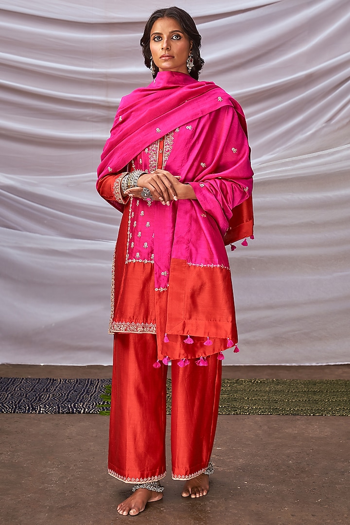 Bright Red Silk Embroidered Kurta Set by Pink City By Sarika at Pernia's Pop Up Shop