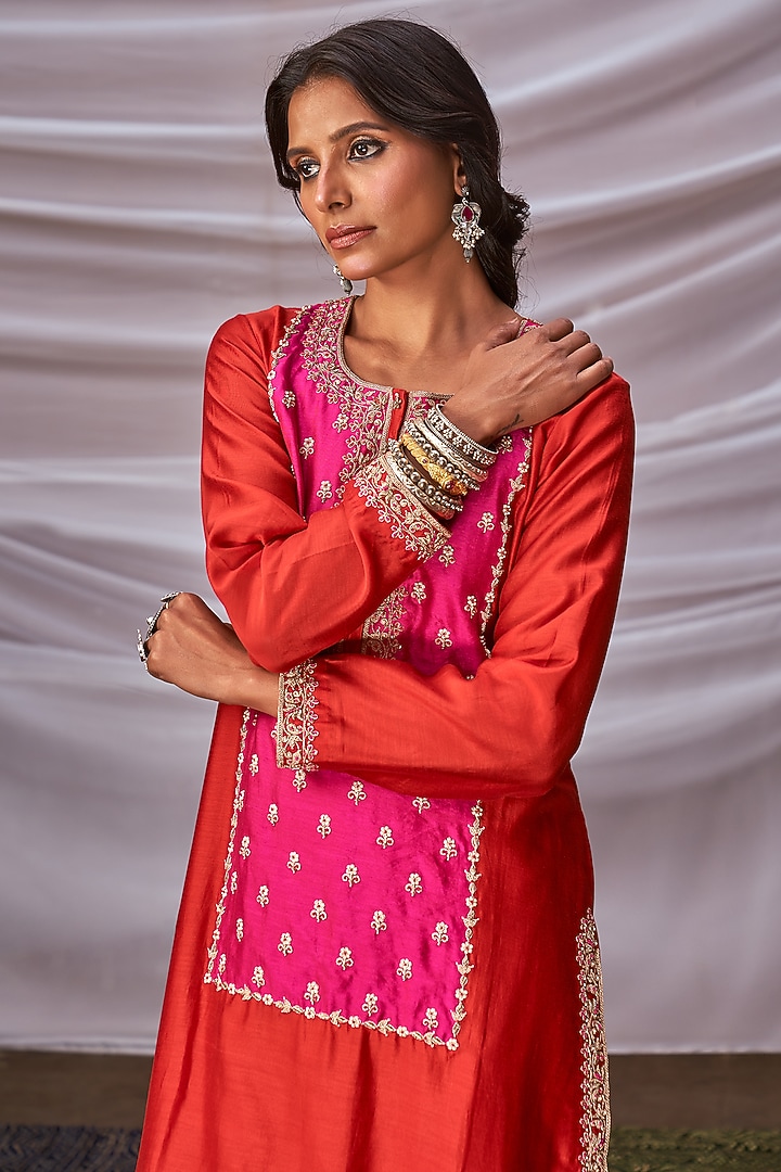 Bright Red Silk Embroidered Kurta Set by Pink City By Sarika at Pernia's Pop Up Shop