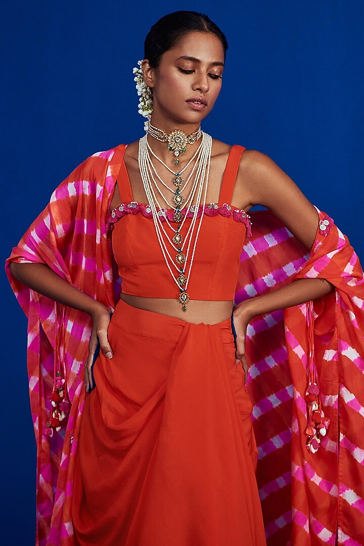 Orange Silk Embroidered Skirt Set by Pink City By Sarika at Pernia's Pop Up Shop
