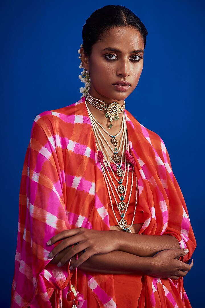 Orange Silk Embroidered Skirt Set by Pink City By Sarika at Pernia's Pop Up Shop
