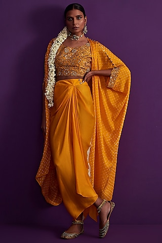 Orange Tie-Dyed Draped Skirt Set by Pink City By Sarika