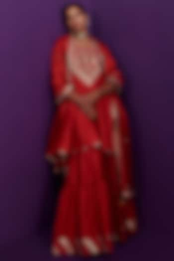Red Silk Chanderi Embroidered Wedding Sharara Set by Pink City By Sarika at Pernia's Pop Up Shop